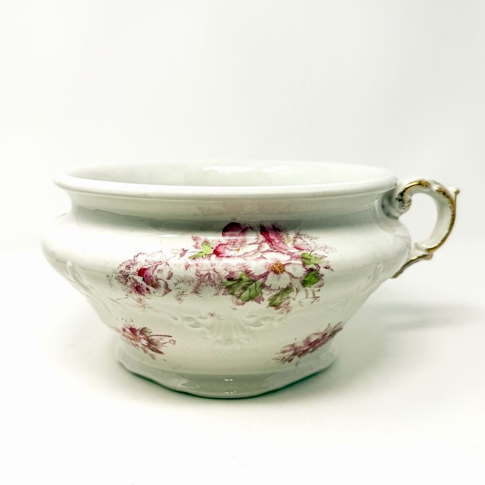 Antique East Palestine Pottery Revere Chamber Pot Floral Ironstone Planter EPP